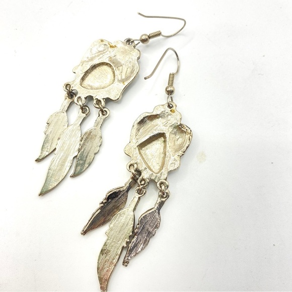 Blue Stone Feather Dangle Western Silver Tone Long Earrings - Picture 4 of 8